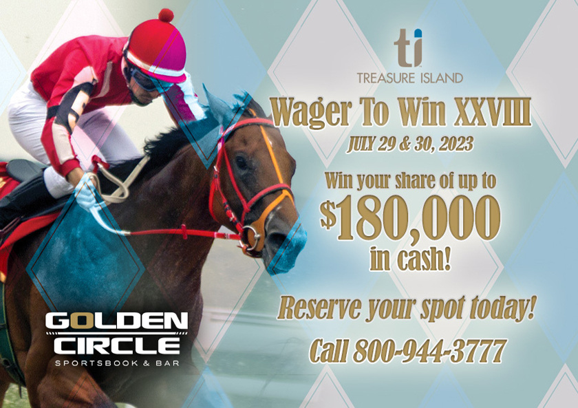 Wager To Win Ad with jockey racing up close.